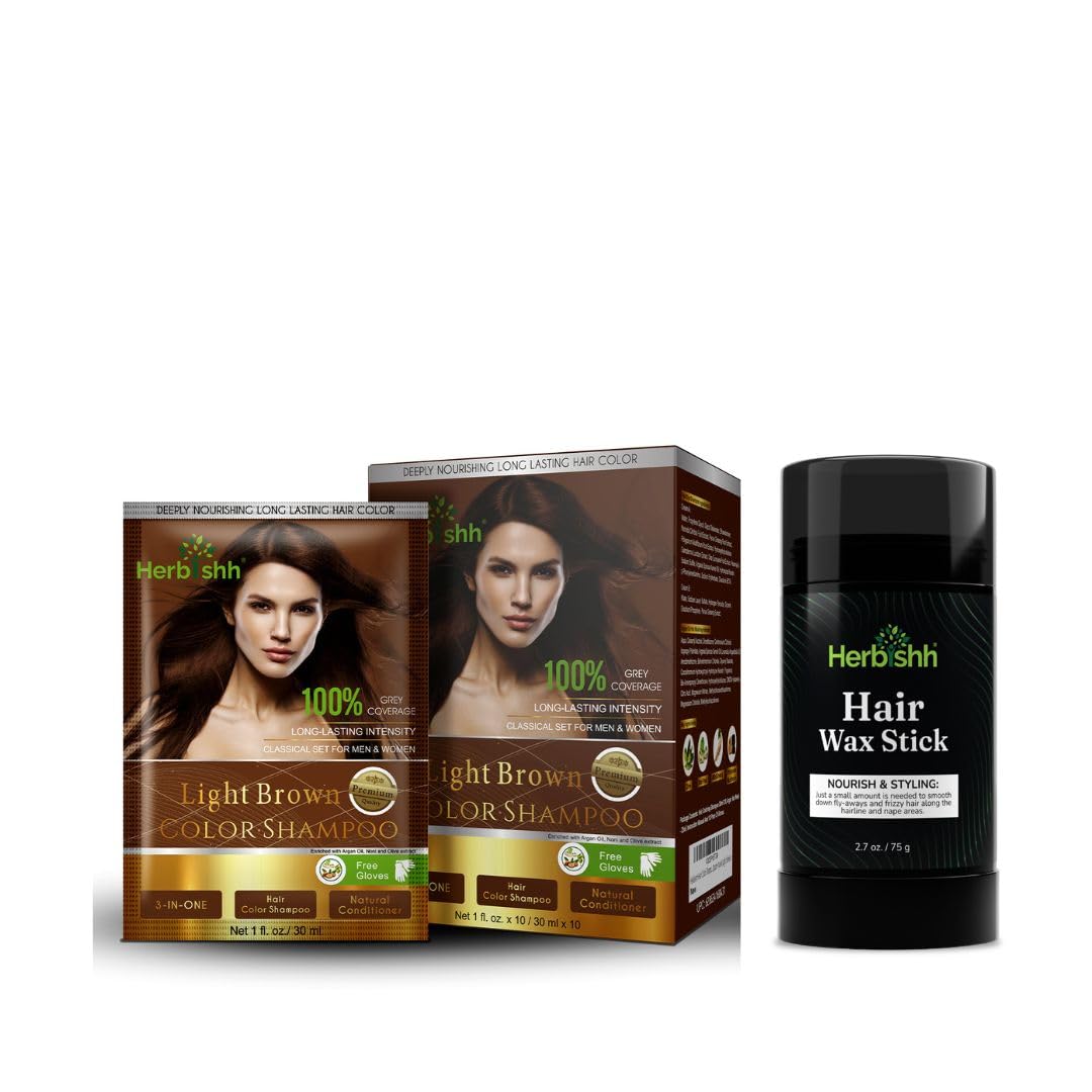 Herbishh Gray Hair Color Shampoo - Light Brown Tint for Women & Men | Hair Wax Stick Included | At-Home Hair Coloring & Styling Solution for Natural-Looking Coverage