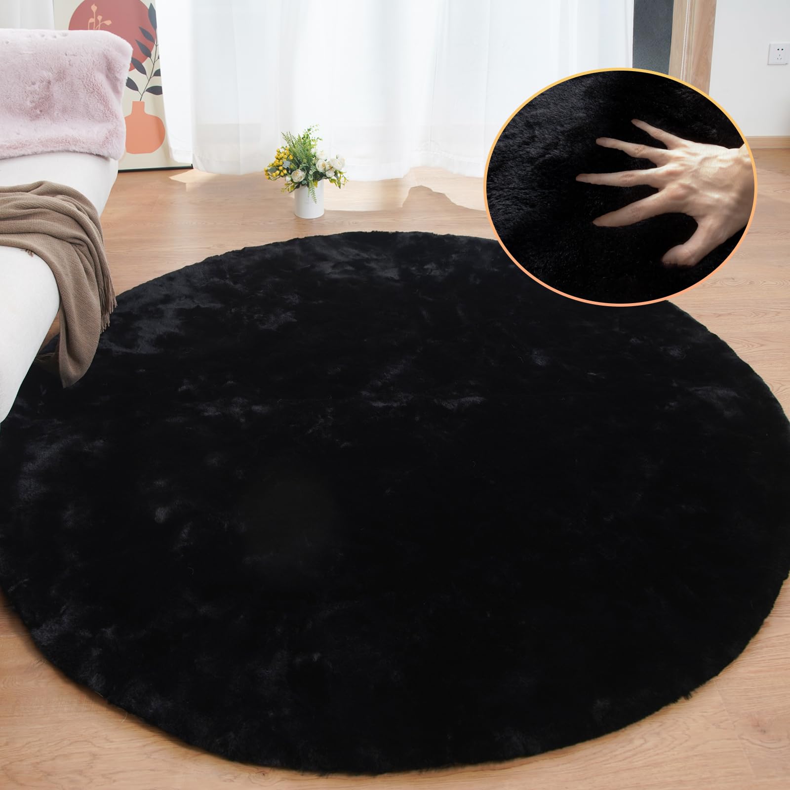 6ft Round Faux Rabbit Fur Rug - Soft Fluffy Area Rug for Bedroom, Living Room, Teen Room - Machine Washable Black Faux Fur Carpet - Perfect for Cozy Home Decor & Floor Comfort