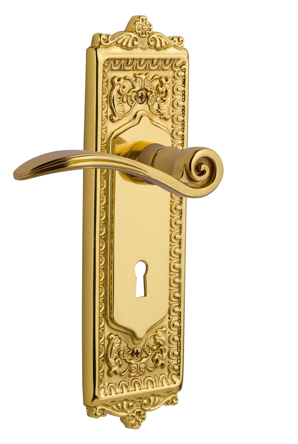 Nostalgic Warehouse Egg & Dart Plate Double Dummy Door Knob with Keyhole Swan Lever in Unlacquered Brass - Vintage Style Hardware for Interior Doors & Cabinets