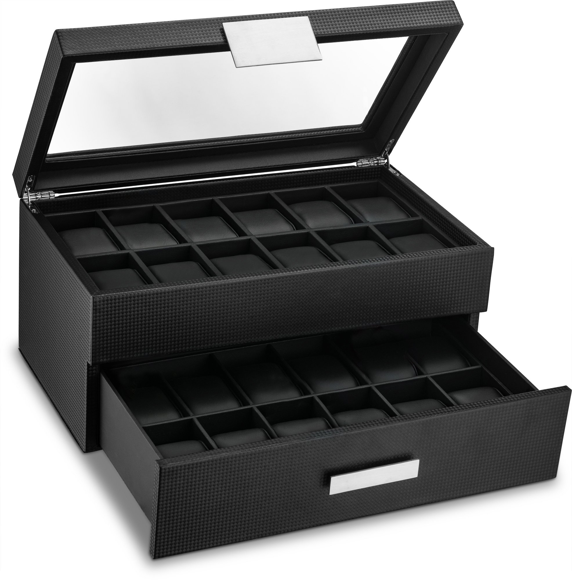 Premium 24-Slot Luxury Watch Box for Men - Carbon Fiber Design with Metal Buckle, Large Glass Top & Leather Pillows - Perfect for Watch Collectors, Jewelry Storage & Gift Giving - Ideal for Home, Office & Travel Organization