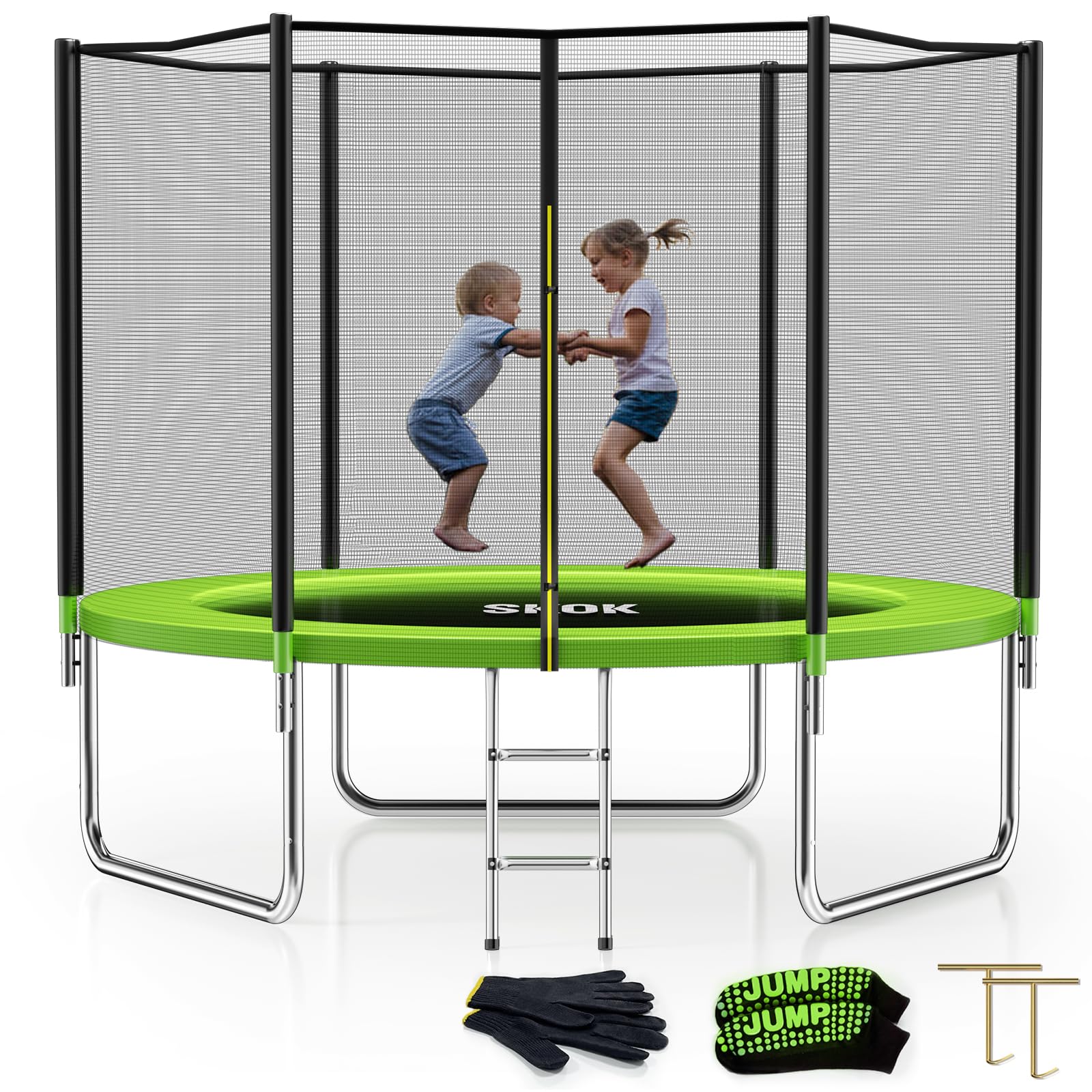 SKOK 8FT 10FT 12FT 14FT 15FT Outdoor Trampoline with Safety Enclosure Net - 400LBS Weight Capacity, ASTM Approved for Kids & Adults - Includes Basketball Hoop & Ladder - Perfect for Backyard Fun, Exercise & Family Bonding