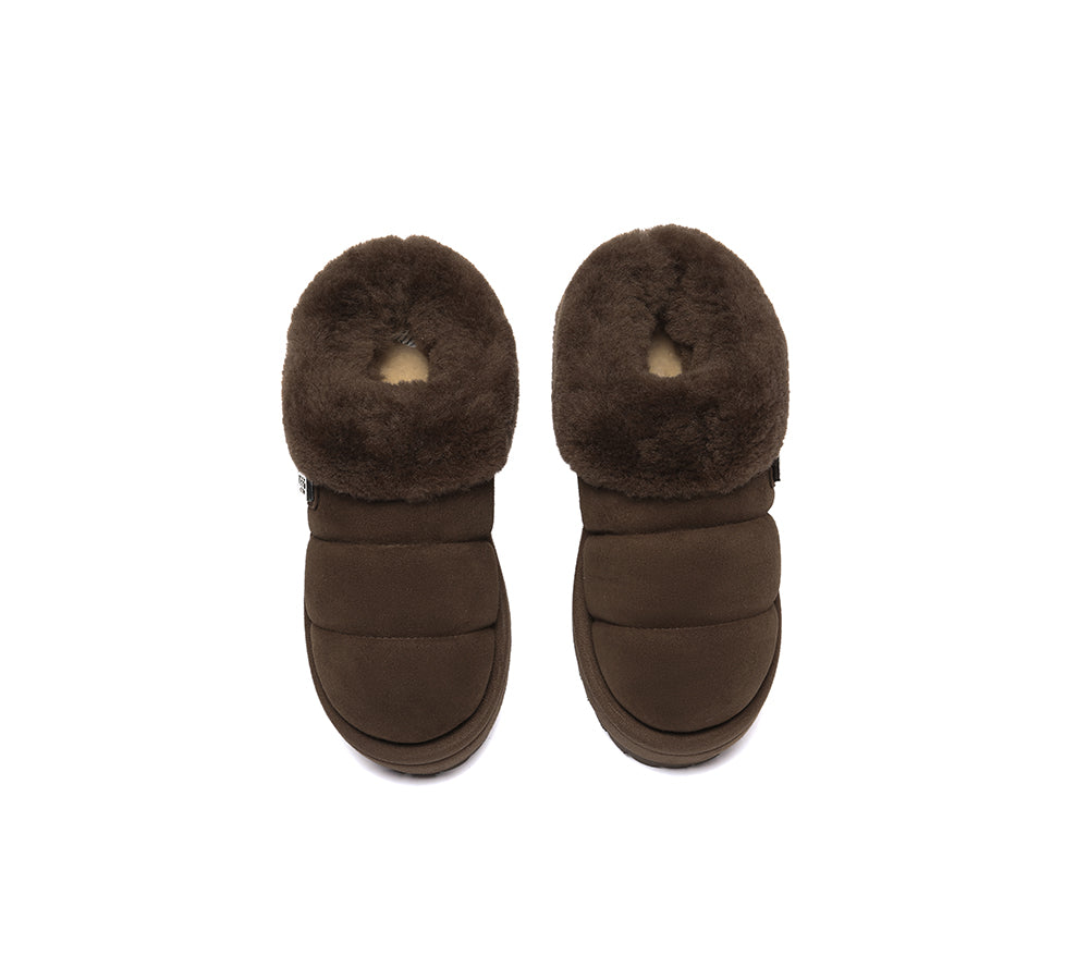 UGG EVERAU® Women's Sheepskin Wool Collar Ankle Slippers with Platform - Cozy House Shoes for Winter, Lounge & Indoor Comfort