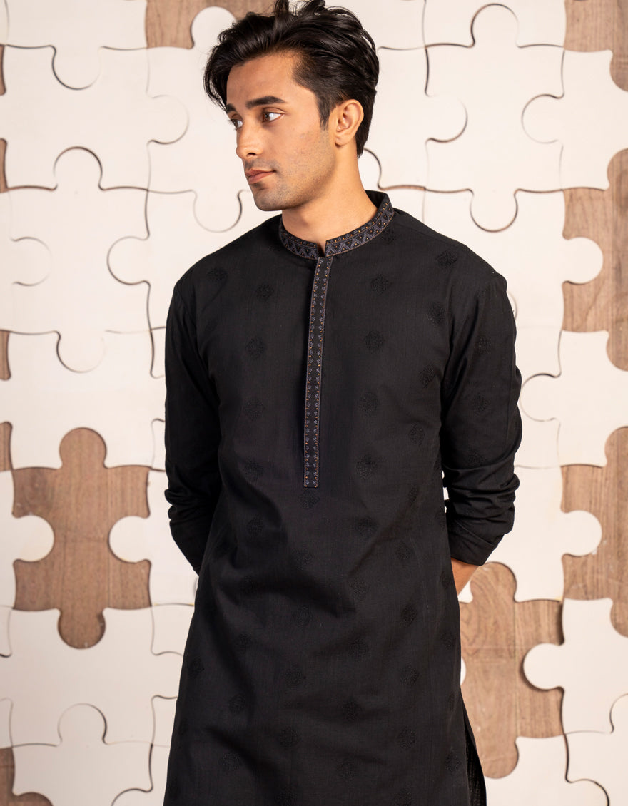 Premium Cotton Black Kurta for Men - J. Junaid Jamshed Traditional Pakistani Attire - Perfect for Eid, Weddings & Cultural Events