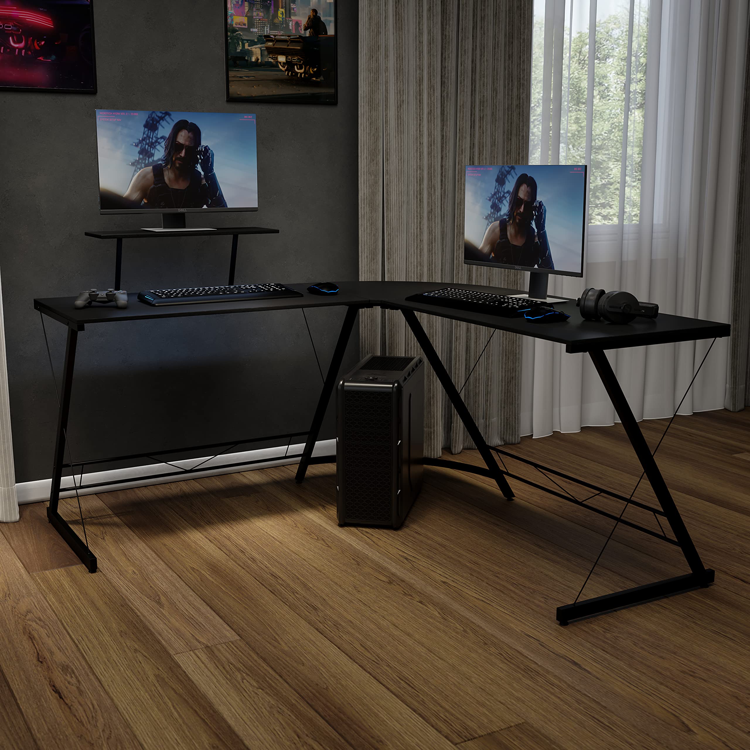 EMMA + OLIVER Black L-Shaped Computer Desk for Home Office & Gaming - Ergonomic Workstation with Spacious Surface | Perfect for Small Spaces, Remote Work & PC Gaming Setups