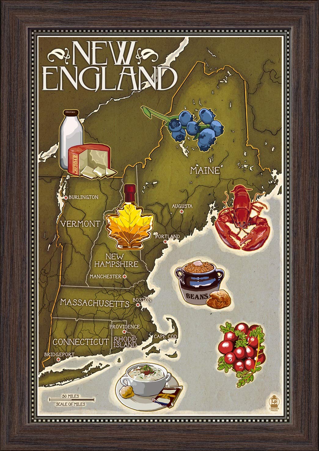 Foods of New England Map - 12x18 Inch Giclee Fine Art Print with Recycled Wood Frame in Espresso Brown - Perfect for Kitchen Decor, New England Themed Dining Room, or Coastal Home Wall Art