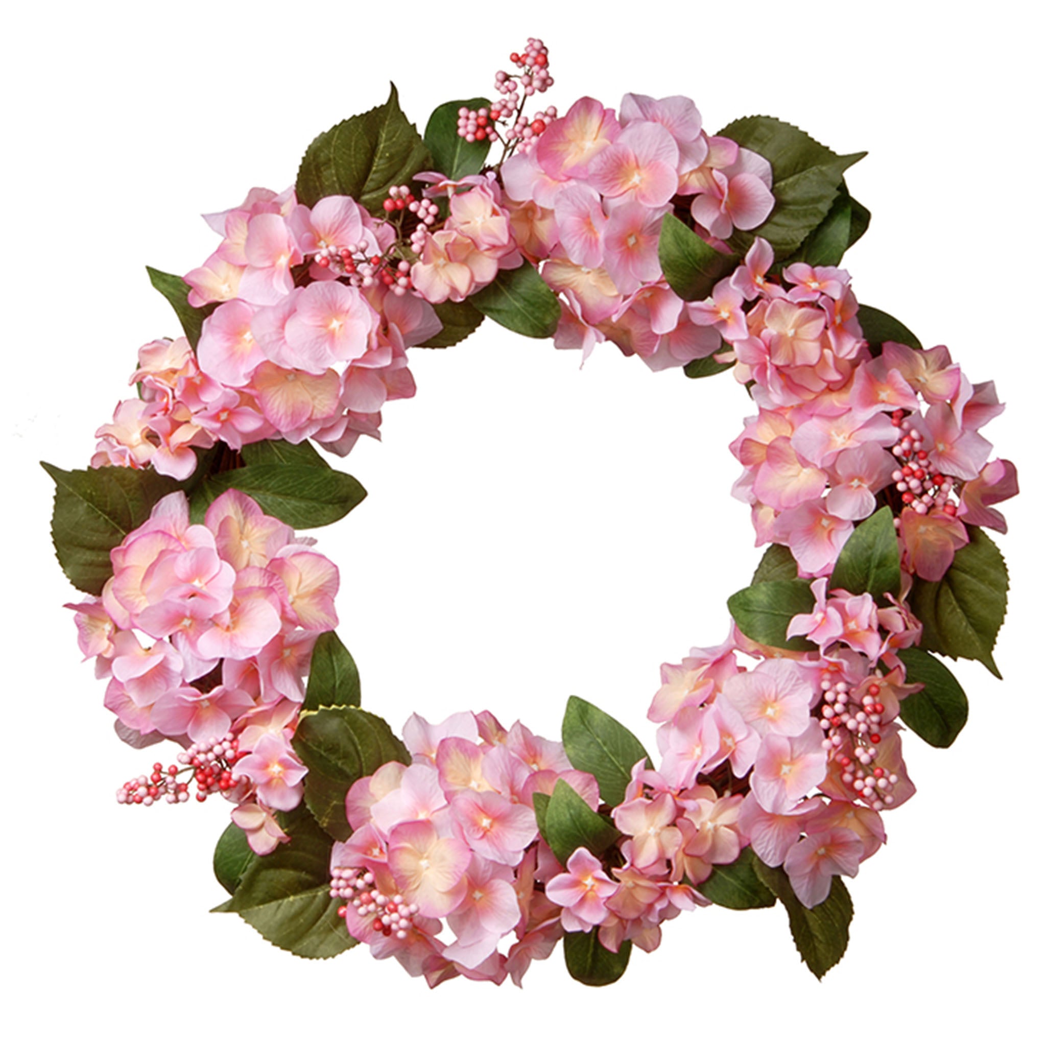 24 Inch Spring Wreath with Pink Hydrangea Flowers, Berry Clusters and Green Foliage - Elegant Front Door Decor for Easter, Mother's Day and Home Decoration
