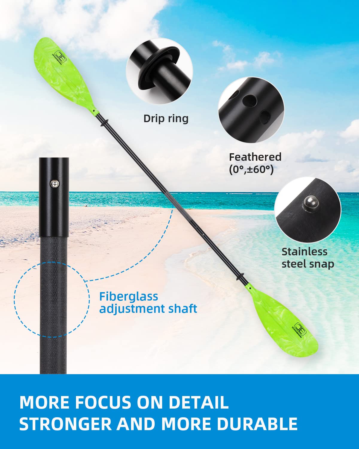 OCEANBROAD Adjustable Kayak Paddle 86-94 inches (220-240cm) - Lightweight Aluminum Shaft with Ergonomic Grip & Paddle Leash - Perfect for Kayaking, Canoeing & Boating - Great for Lakes, Rivers & Ocean Adventures