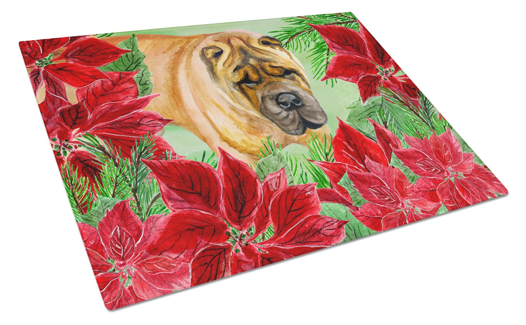 Shar Pei Poinsettas Tempered Glass Cutting Board - Large Decorative Kitchen Chopping & Serving Board (15
