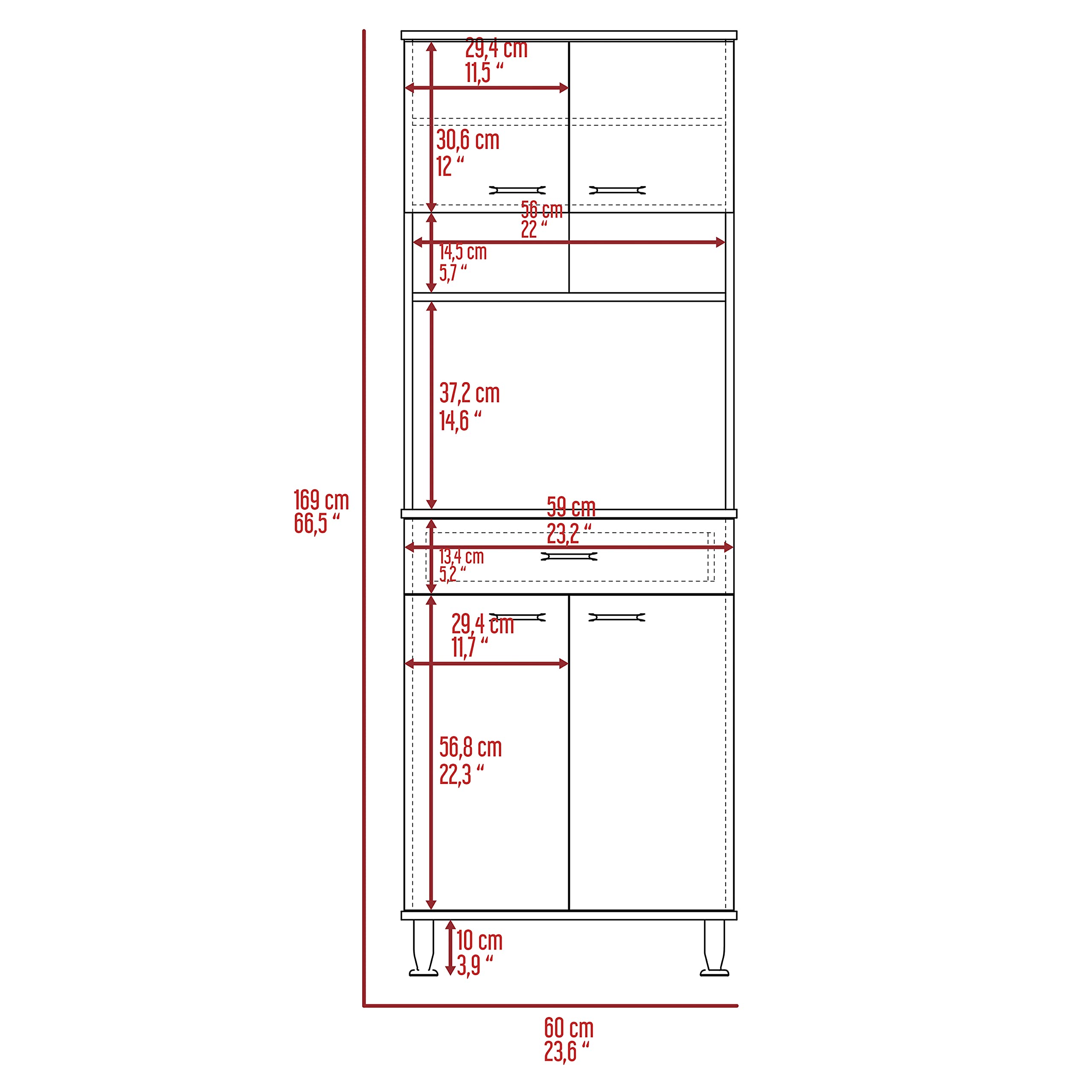 Modern Light Gray Bay Area Pantry with 2 Double Door Cabinets, Drawer & 2 Open Shelves - Sturdy 4 Metal Legs Storage Solution for Kitchen, Dining Room or Small Space Organization