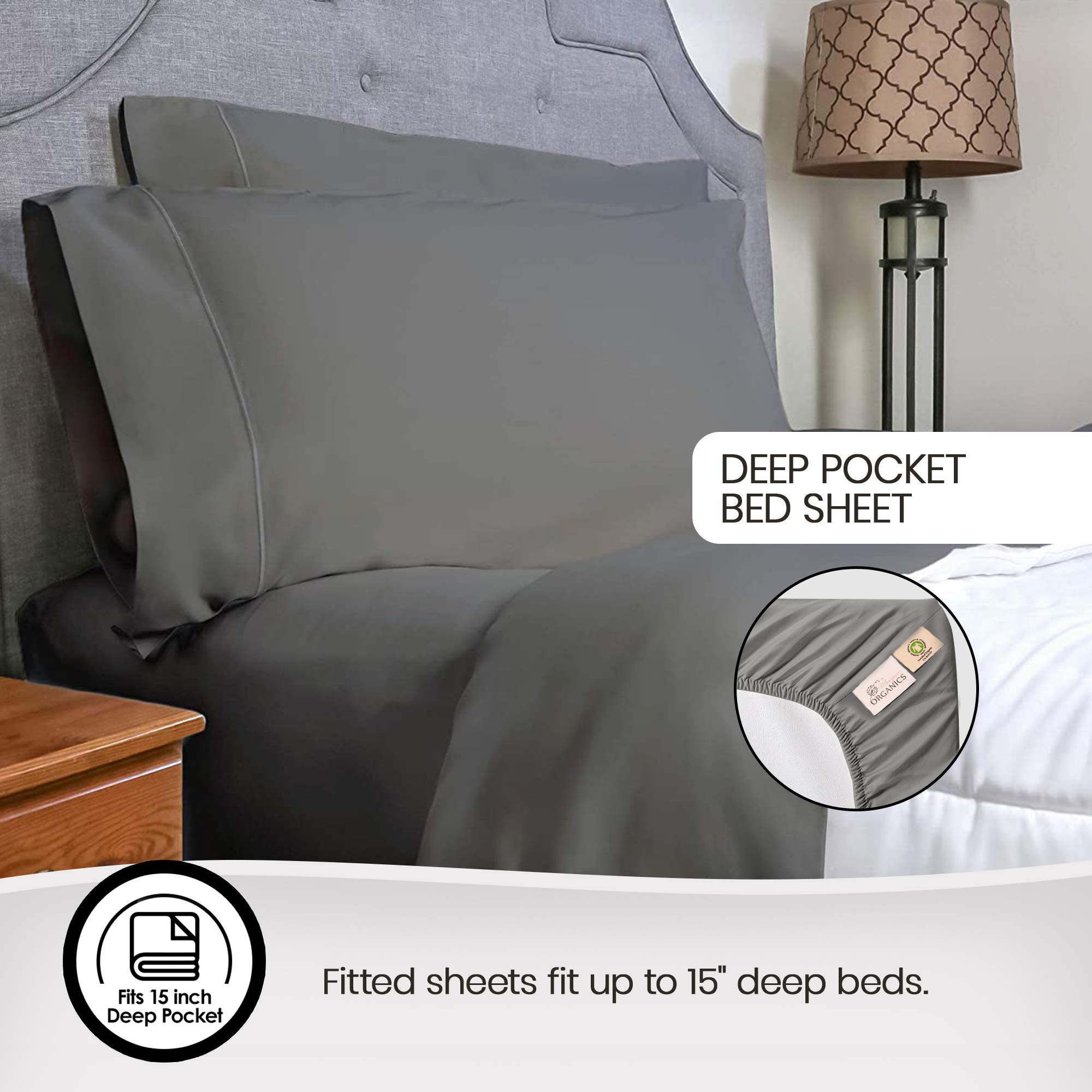 Whisper Organics 100% Organic Cotton Sheets Set - 300 Thread Count, GOTS Certified, Deep Pocket, Twin Size, Dark Grey - Premium Soft Bedding for Luxurious Sleep & Hotel-Style Comfort