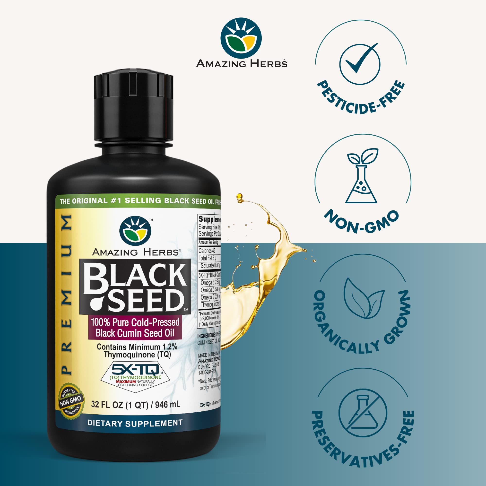 Premium Cold-Pressed Black Seed Oil (Nigella Sativa) - 32 Fl Oz for Digestive Health, Immune Support, Brain Function & Joint Mobility | Gluten-Free, Non-GMO | Perfect for Daily Wellness & Natural Remedies