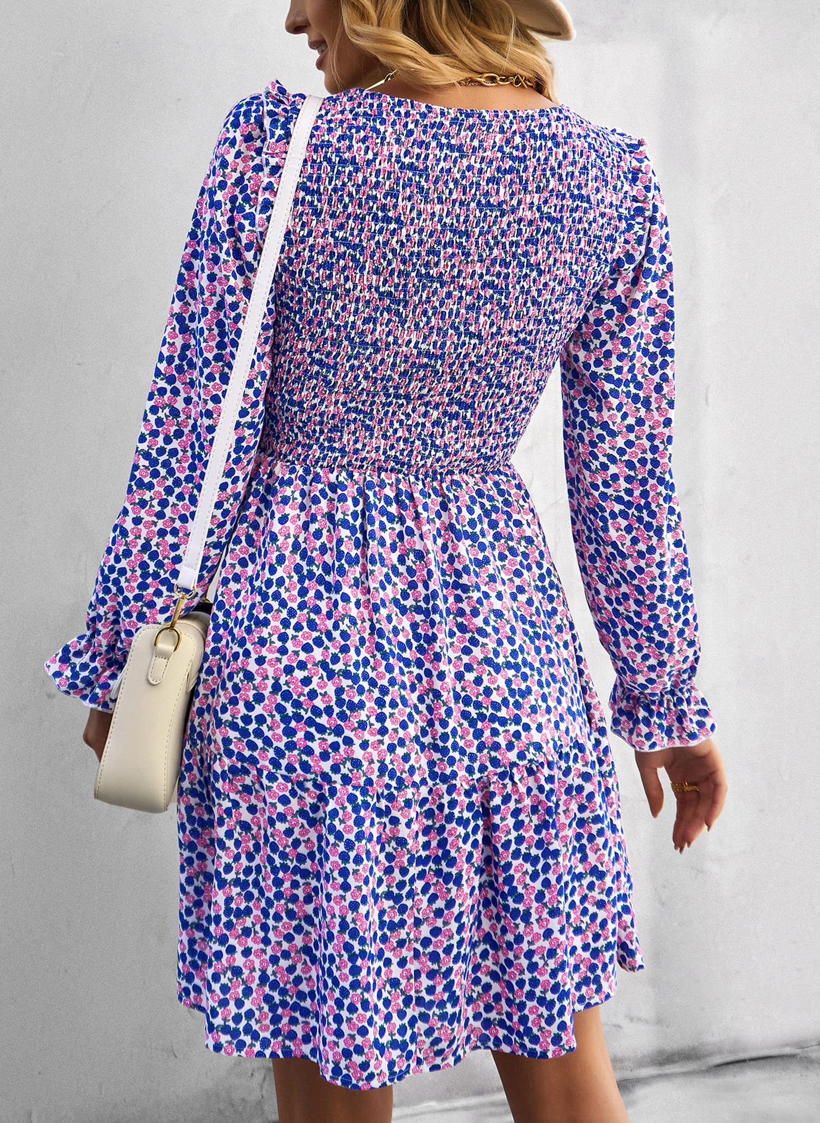 KIRUNDO Women's Floral Smocked Long Sleeve Ruffle A-Line Mini Dress - Spring Summer Party Dress 2025 | Flowy Elegant Outfit for Garden Party, Wedding Guest & Date Night