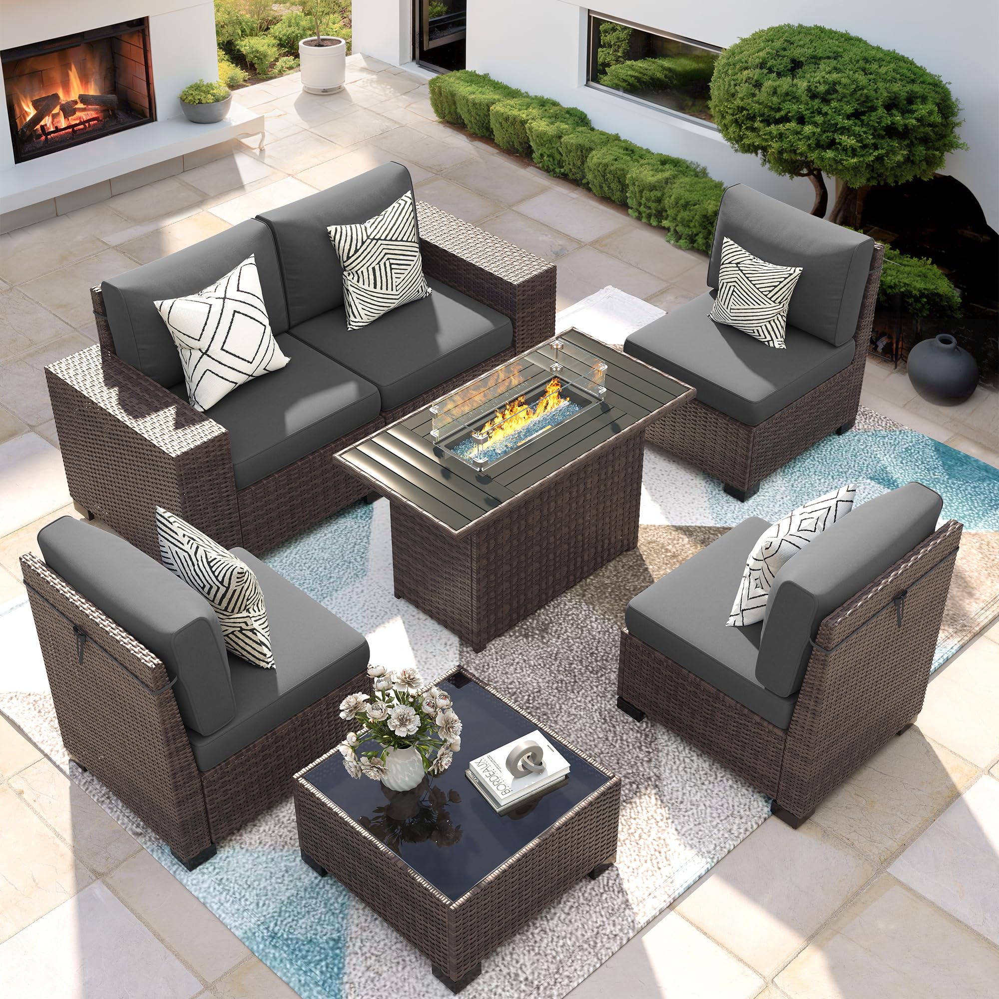 7-Piece Outdoor Patio Furniture Set with Fire Pit Table - Wicker Rattan Sectional Sofa & Coffee Table - 4