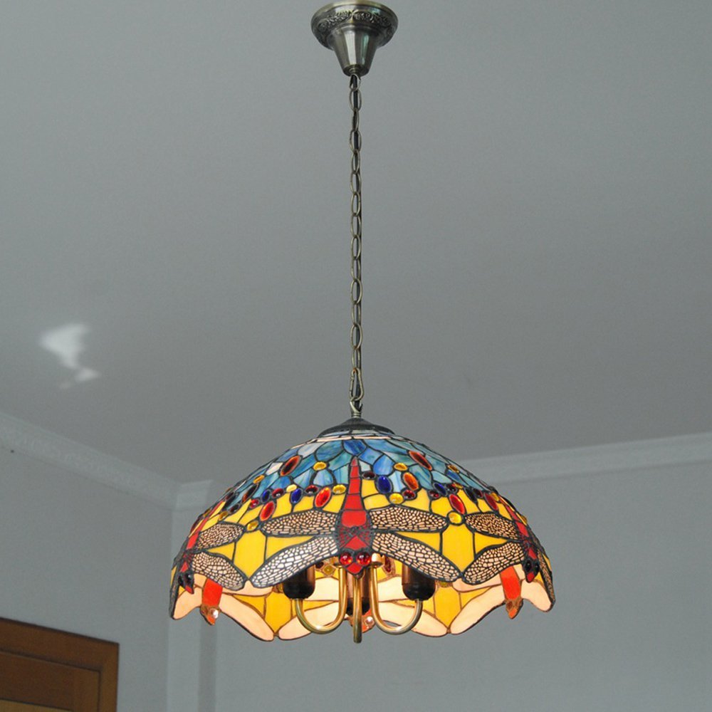 Tiffany Glass Dragonfly Chandelier - Elegant Ceiling Pendant Light for Dining Room, Kitchen, Living Room & Bedroom | Perfect for Home Decor, Restaurants & Cafe Lighting