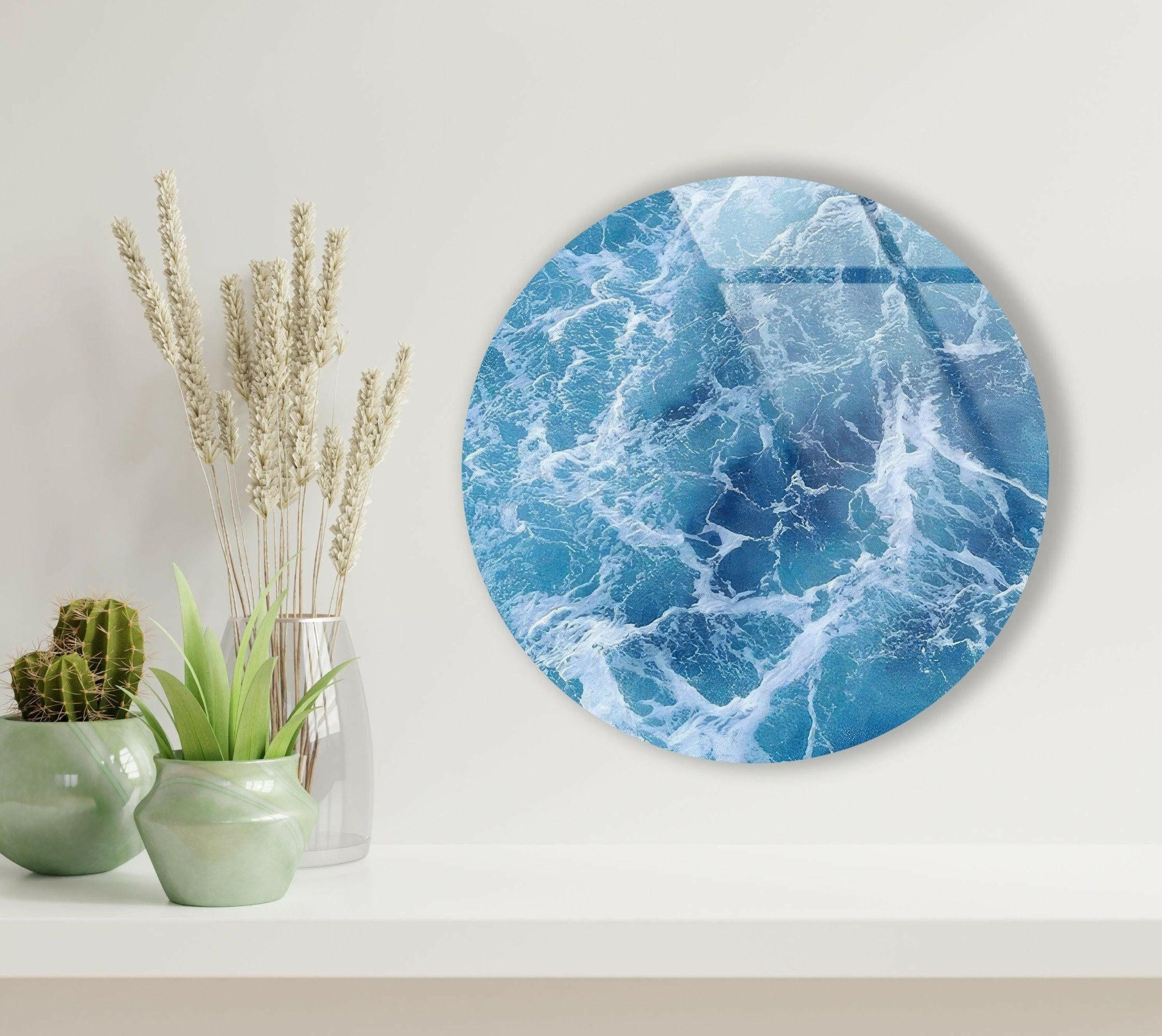 Blue Ocean Waves Round Glass Wall Art - Coastal Decor for Living Room, Bedroom & Office - Handmade Seascape Mural for Home & Office Decor