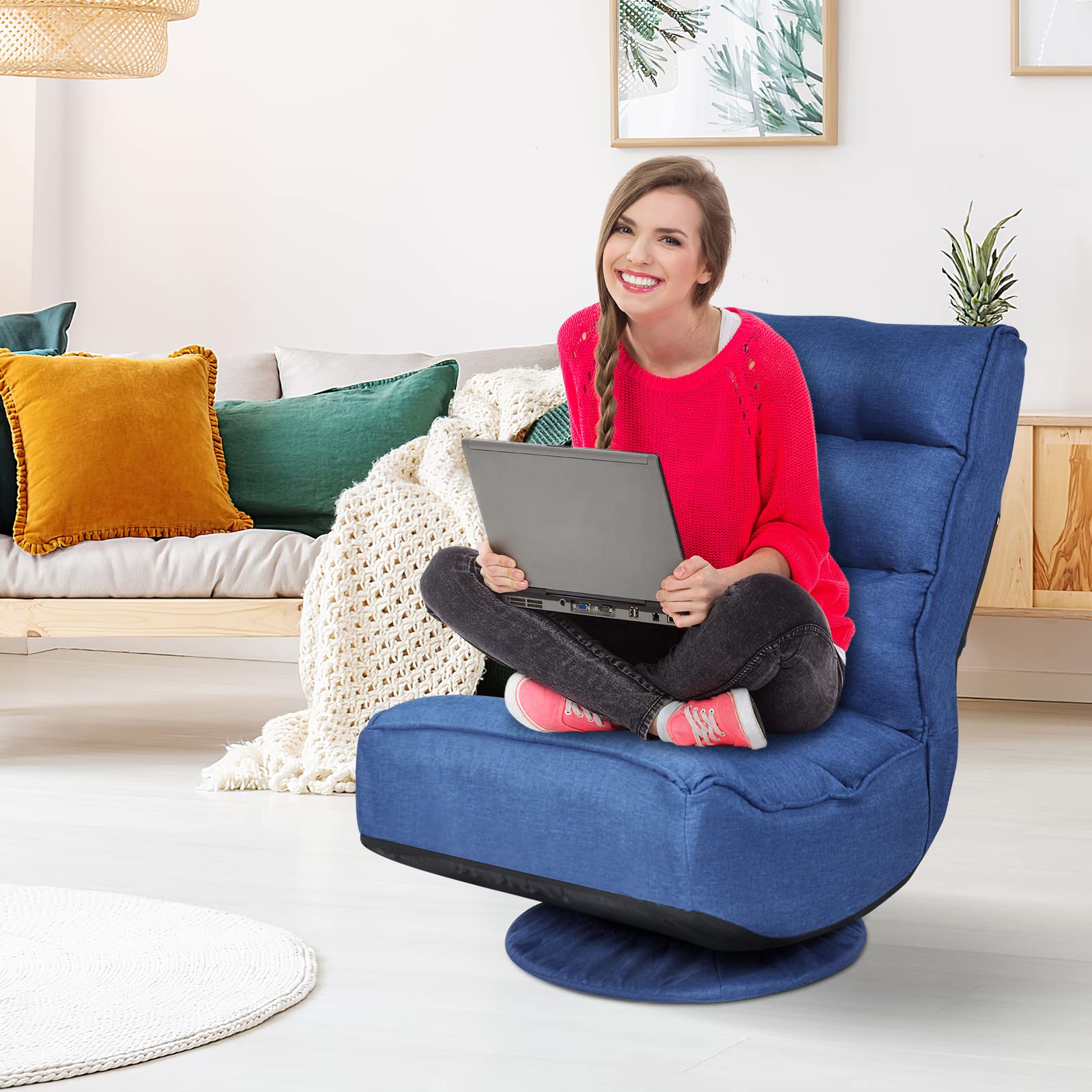 ErgoMaster Reclining Folding Floor Gaming Chair - 360° Swivel & 5 Adjustable Positions with Tufted Cushions for Home Office, Living Room, Bedroom - Perfect for Gaming, Working, Reading & Relaxing (Blue)
