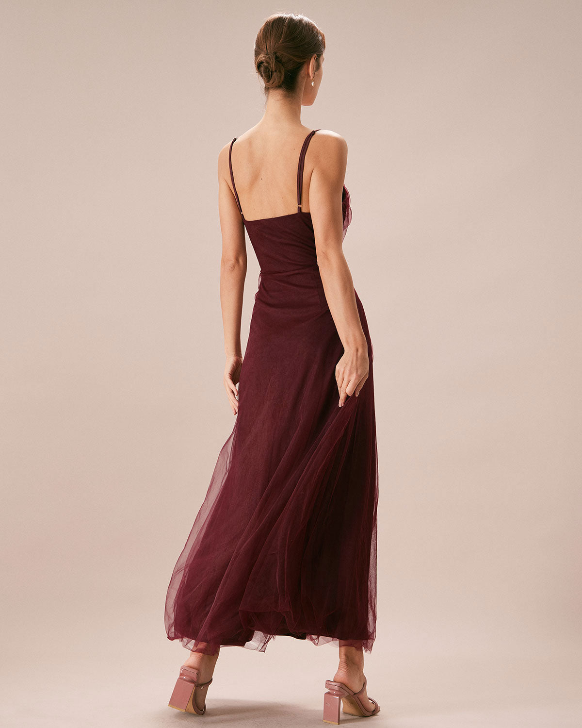 Elegant Wine Red V-Neck Mesh Wrap Maxi Dress for Women - Perfect for Evening Parties, Weddings & Special Occasions