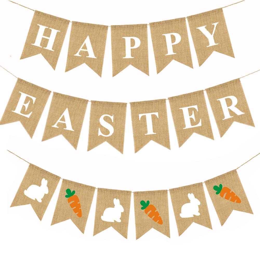 3 PCS Burlap Easter Banner - Rabbit Bunny Garland Happy Easter Bunting for Party Decorations, Spring Home Decor, Easter Egg Hunt & Outdoor Garden Party (Natural Burlap)