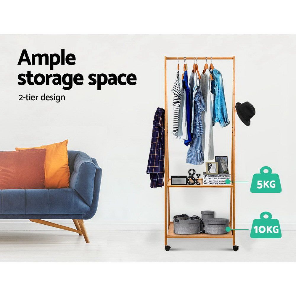 Artiss Bamboo Clothes Hanger Stand - Wooden Garment Rack with Display Shelf for Bedroom, Closet & Laundry Room Organization