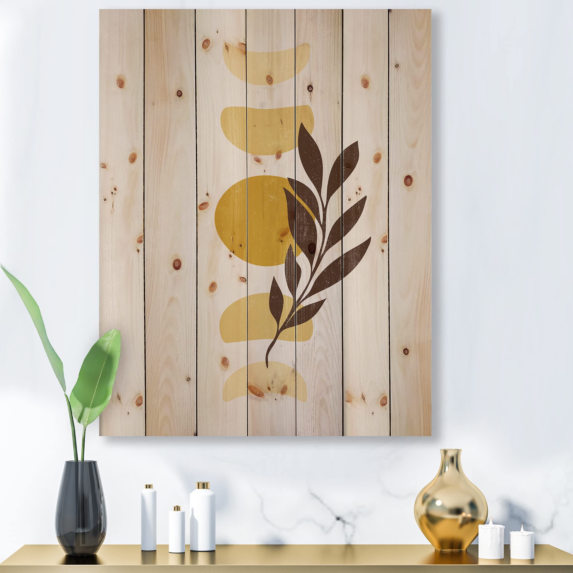 Abstract Geometric Sun and Moon with Leaf VII Modern Wood Wall Art - Yellow Floral Wood Wall Decor, Large Pine Wood Panel Print for Living Room, Bedroom & Office