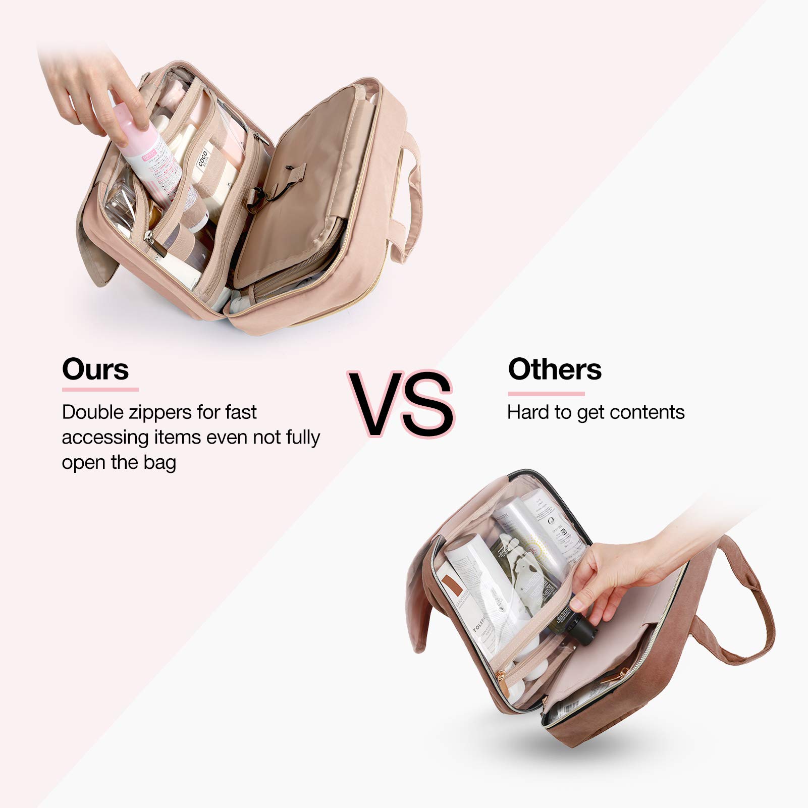 BAGSMART Hanging Toiletry Bag for Travel - TSA Approved Transparent Cosmetic Organizer with Multiple Pockets, Large Pink Makeup Bag for Full-Sized Toiletries | Perfect for Air Travel, Vacation & Daily Use