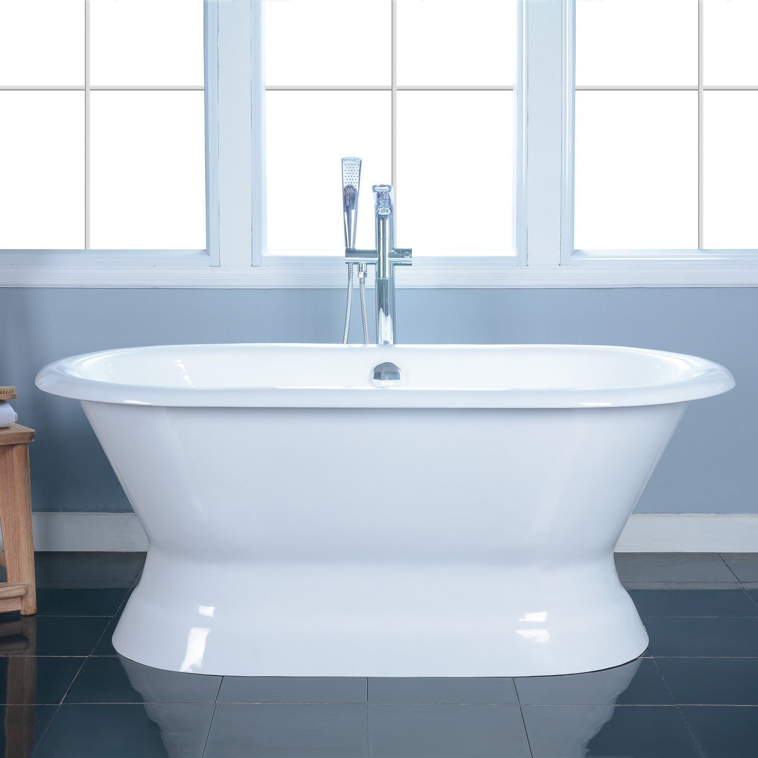 Aqua Eden 66 Inch White Cast Iron Oval Double Ended Pedestal Bathtub - No Faucet Drillings | Freestanding Soaking Tub for Luxury Bathroom & Spa Relaxation