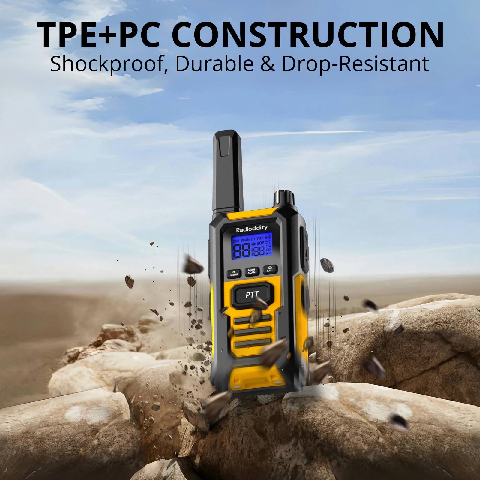 Radioddity HD1 Heavy Duty Walkie Talkie - IP67 Waterproof FRS/PMR Two-Way Radio with Group Call, Vibrate Alert, SOS & Dual PTT | 2400mAh USB-C Rechargeable Battery | Ideal for Construction, Hiking, Camping & Emergency Communication