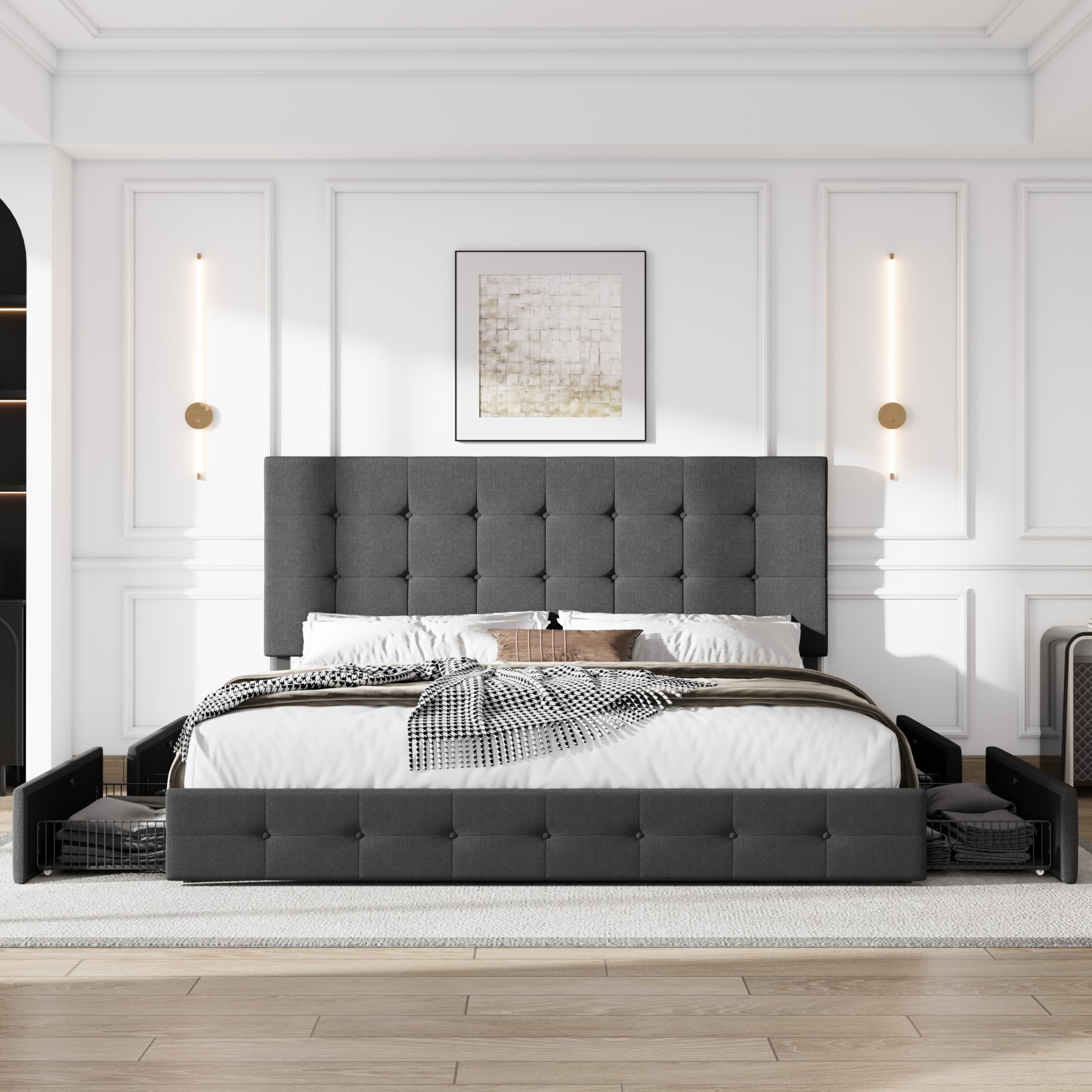 SHA CERLIN Upholstered King Size Platform Bed Frame with 4 Storage Drawers - Adjustable Headboard, Square Stitched Button Tufted Design, Wooden Slat Support, No Box Spring Needed, Dark Grey - Perfect for Master Bedroom, Guest Room & Small Space Storage Solutions