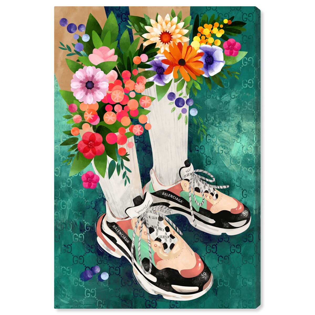 Stylish Floral Sneakers & Socks Set with Modern Green Canvas Wall Art Print - Perfect for Bedroom Decor and Casual Outfits
