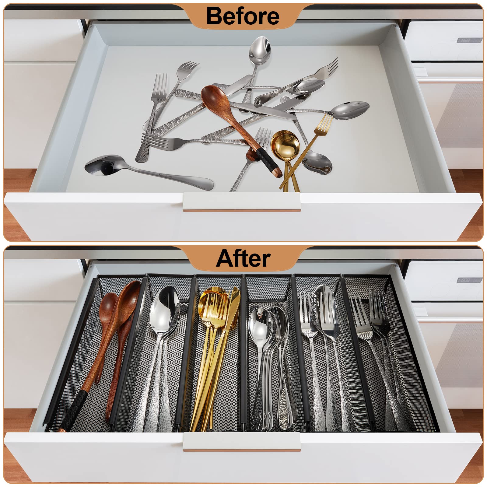 Chumia 10-Piece Silverware Drawer Organizer Set - Mesh Kitchen Utensil Tray with Interlocking Arms for Forks, Spoons, Knives & Makeup - 9 x 3 x 2 Inches - Perfect for Kitchen Drawer & Bathroom Storage Organization