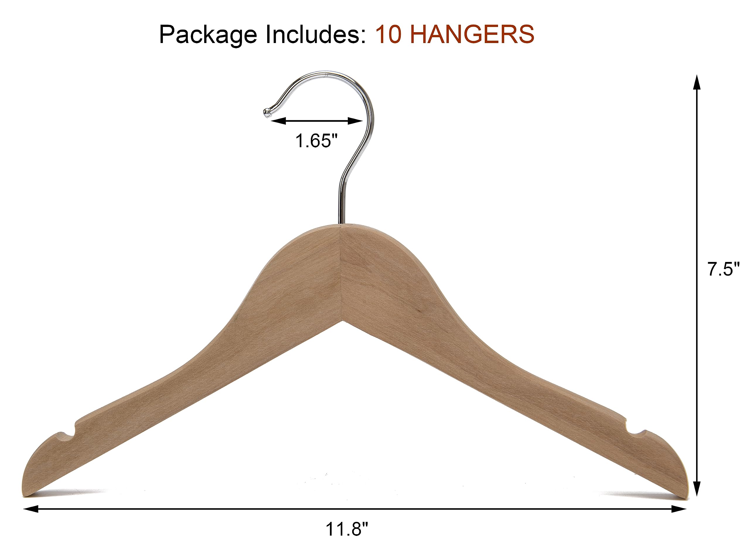 10 Pack Natural Wooden Kids Clothes Hangers with Notch Design & Anti-Rust Chrome Hooks - Baby Toddler Shirt Coat Hangers for Nursery Closet Organization (HL02N) - Perfect for Children's Wardrobe, Baby Closet Storage and Gift Giving