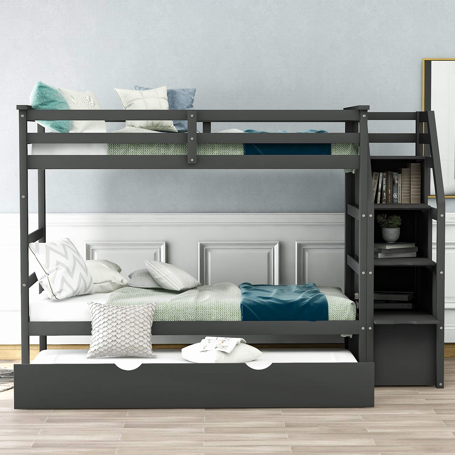 **Danxee Twin Over Twin Bunk Beds for Kids & Teens - Wooden Bunk Bed with Trundle, 3 Storage Drawers & Safety Rail Ladder - Space-Saving Bedroom Furniture for Small Rooms, Guest Rooms & Sleepovers (Gray)**