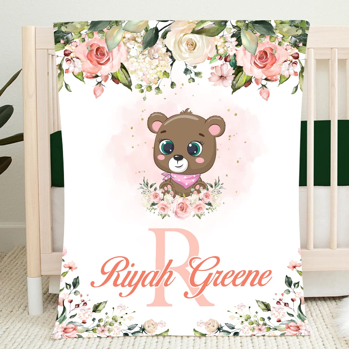 Personalized Monogram Baby Girl Blanket - Custom Floral Bear Fleece Blanket for Newborns | Soft Elephant Crib Bedding & Swaddle Blanket | Perfect Baby Shower Gift for Girls | Nursery, Christening & First Birthday Present