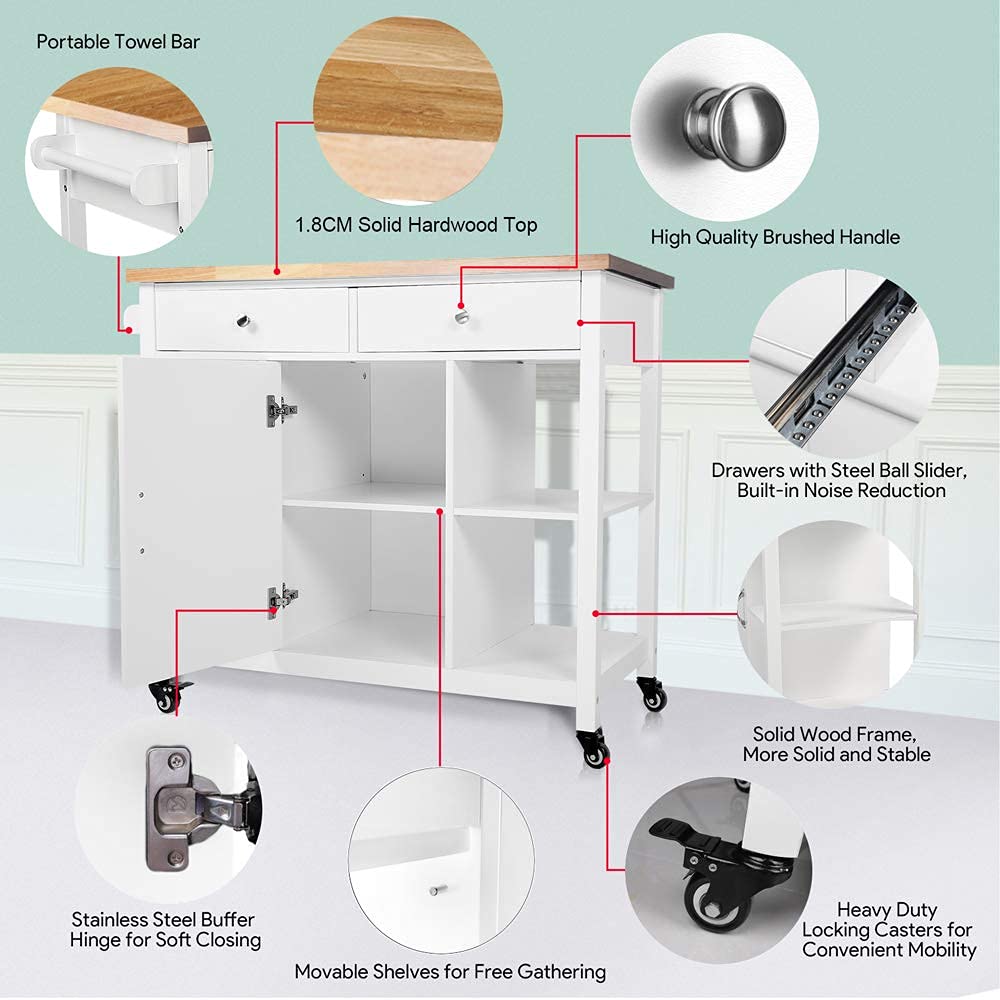 ChooChoo Rolling Kitchen Cart with Wooden Top - Mobile Kitchen Island with Storage Drawers & Shelves, Easy Assembly, White - Perfect for Small Spaces, Apartments & Extra Counter Space