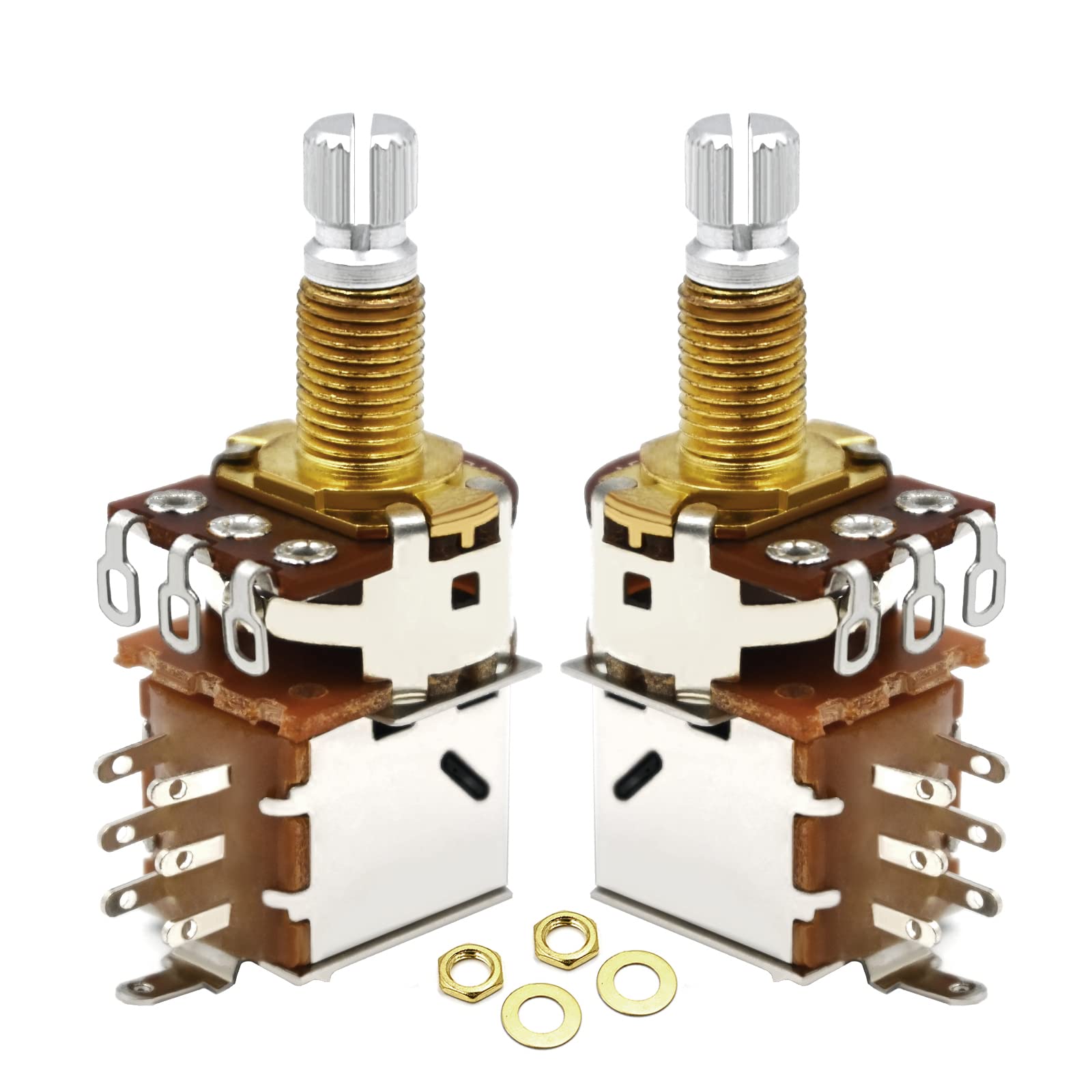 2pcs A500K Push/Pull Electric Guitar Pots - Audio Taper Potentiometer Switch with Long Split Brass Shaft for Guitar Tone Control & DIY Modifications - Perfect for Les Paul, Stratocaster & Telecaster Upgrades