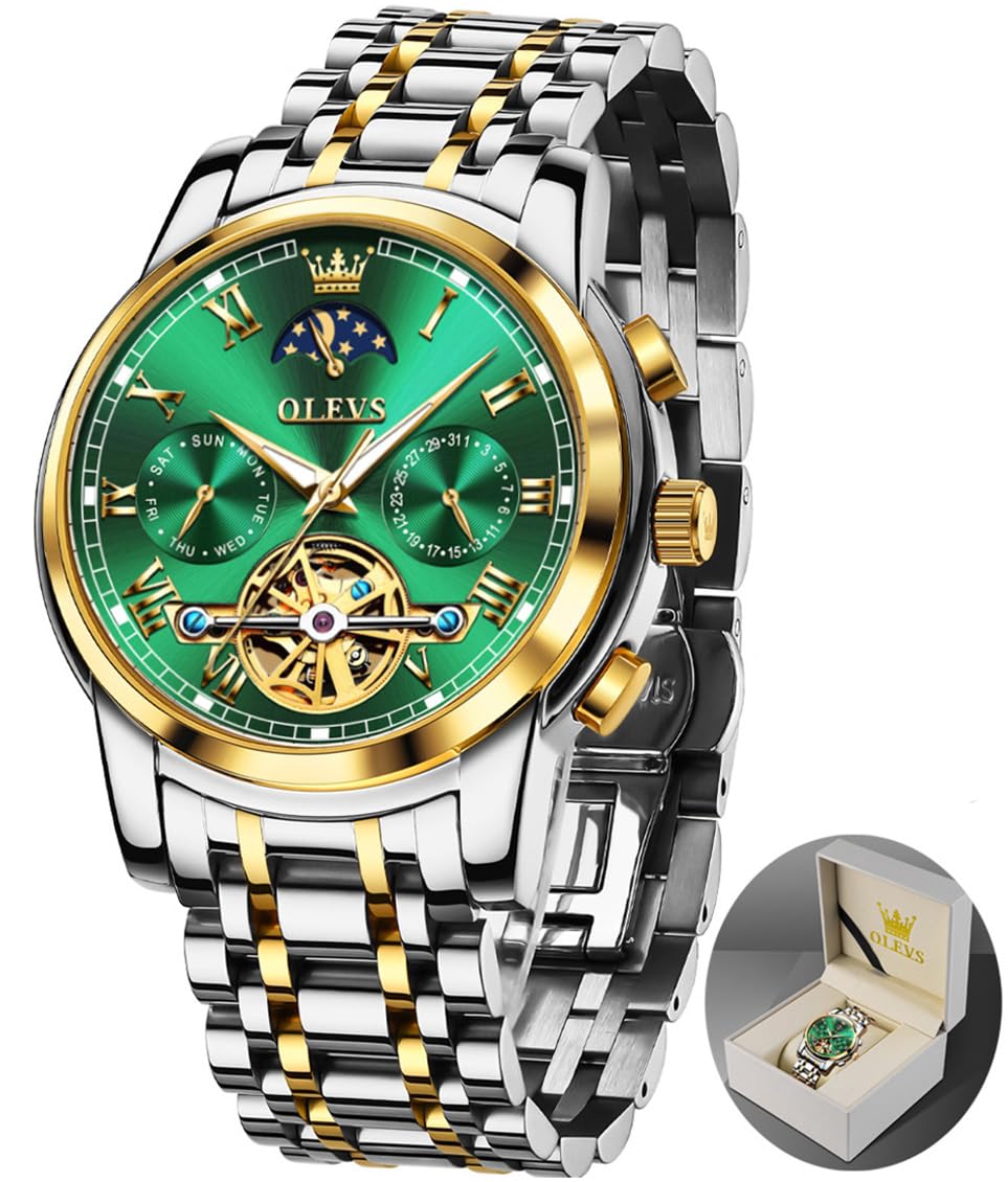 OLEVS Automatic Self-Winding Men's Watch with Date & Day Calendar, Stainless Steel Skeleton Tourbillon Watch - No Battery, Waterproof for Everyday Wear & Business Occasions
