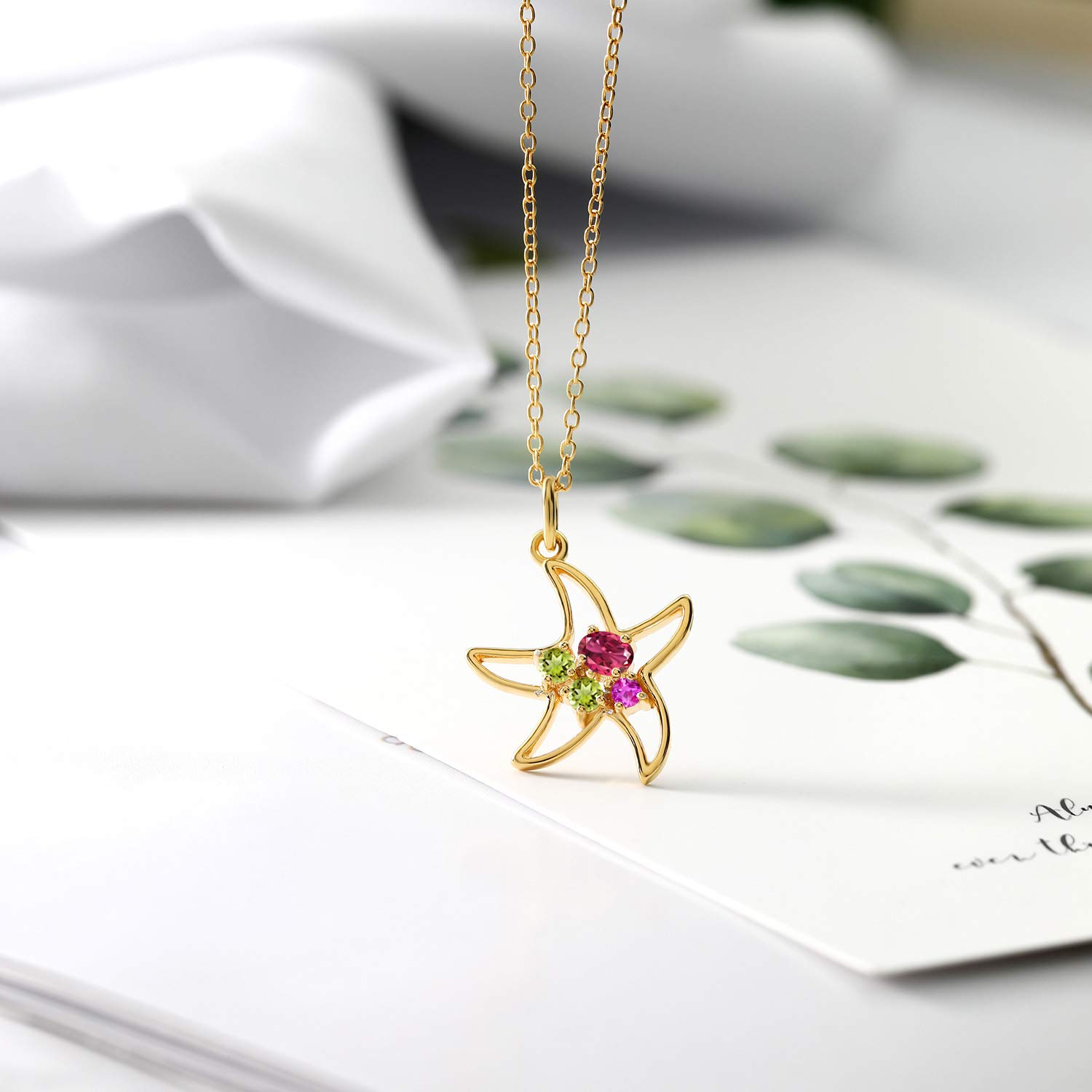 0.34 Ct Pink Tourmaline & Green Peridot Starfish Necklace - 18K Gold Plated Sterling Silver Jewelry for Women - Beach Vacation, Summer Party & Gift Giving