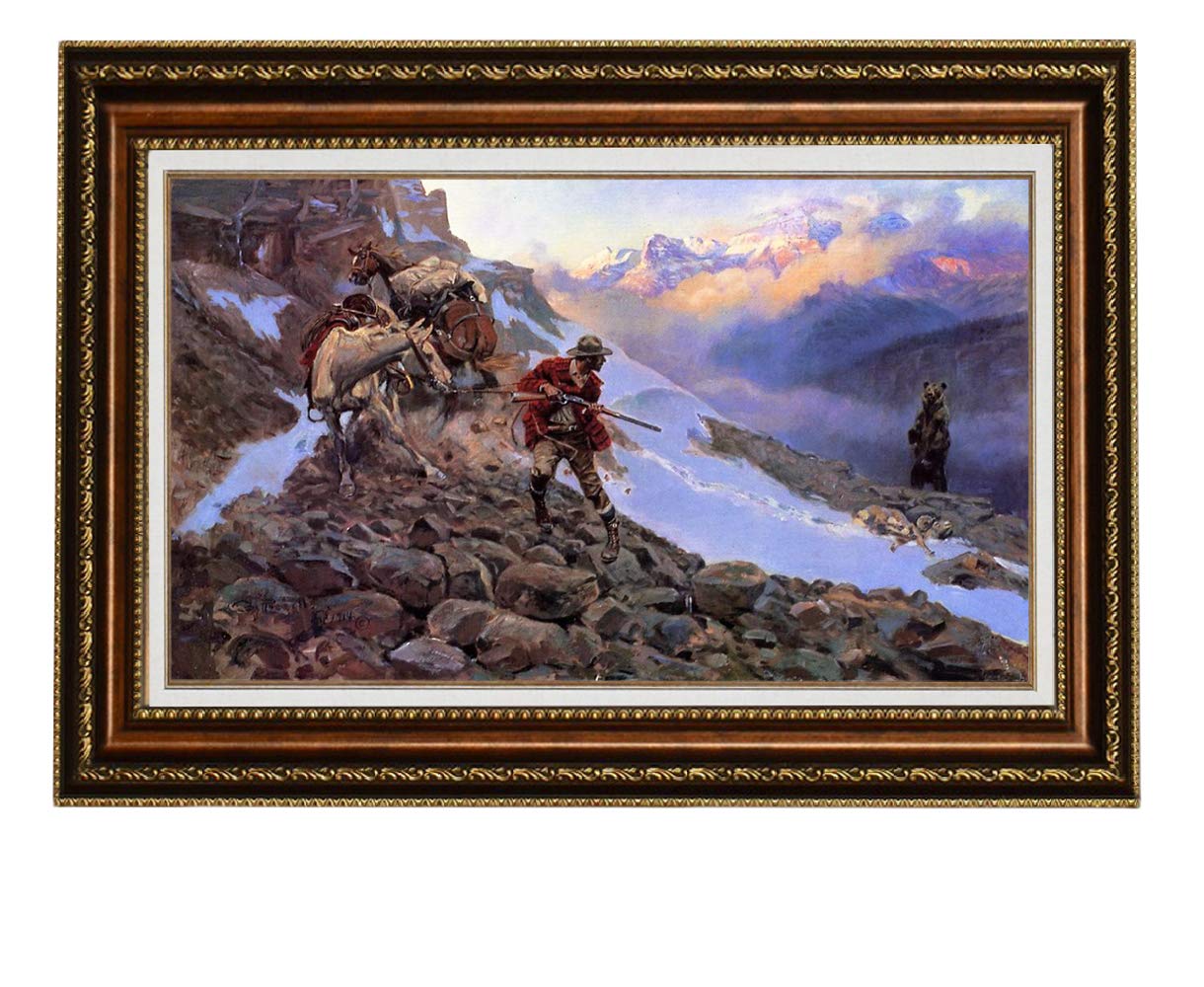 ELITEART Charles Marion Russell 'Whose Meat' Oil Painting Reproduction - Giclee Wall Art Canvas Print Framed 36x26 Inches - Western Art Decor for Living Room, Office & Cowboy Themed Spaces