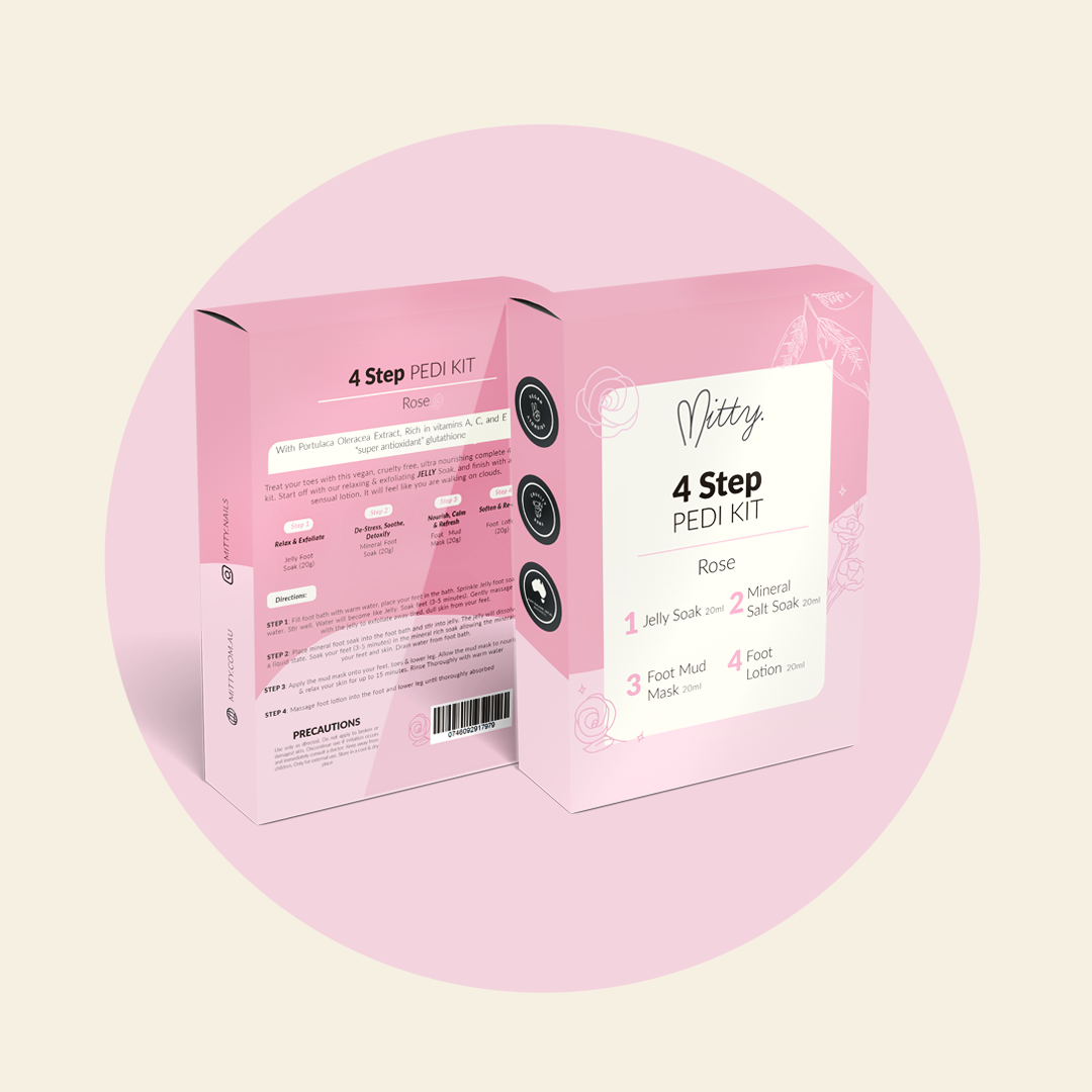 Mitty 4 Step Pedi Kit with Jelly Soak & Rose - Professional Foot Care Set for Soft Smooth Feet - Perfect for Home Spa, Pedicure & Relaxation