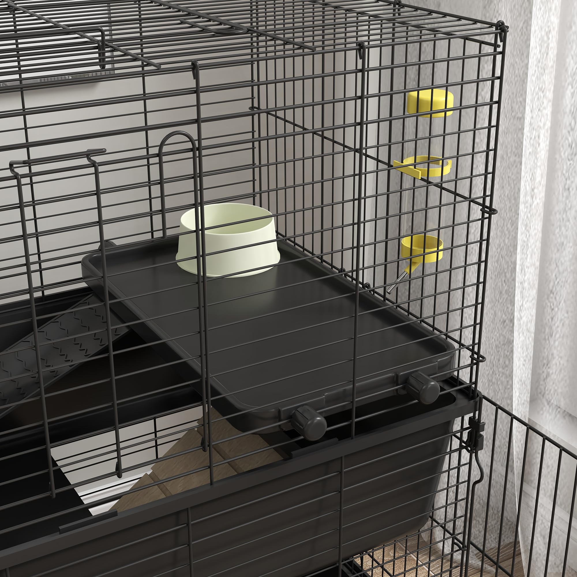 PawHut Small Animal Cage with Playpen - Multi-Level Indoor Pet Habitat for Guinea Pigs, Hedgehogs, Rabbits | Includes Water Bottle, Food Dish, Feeding Trough | Perfect for Small Pet Playtime & Safe Indoor Housing