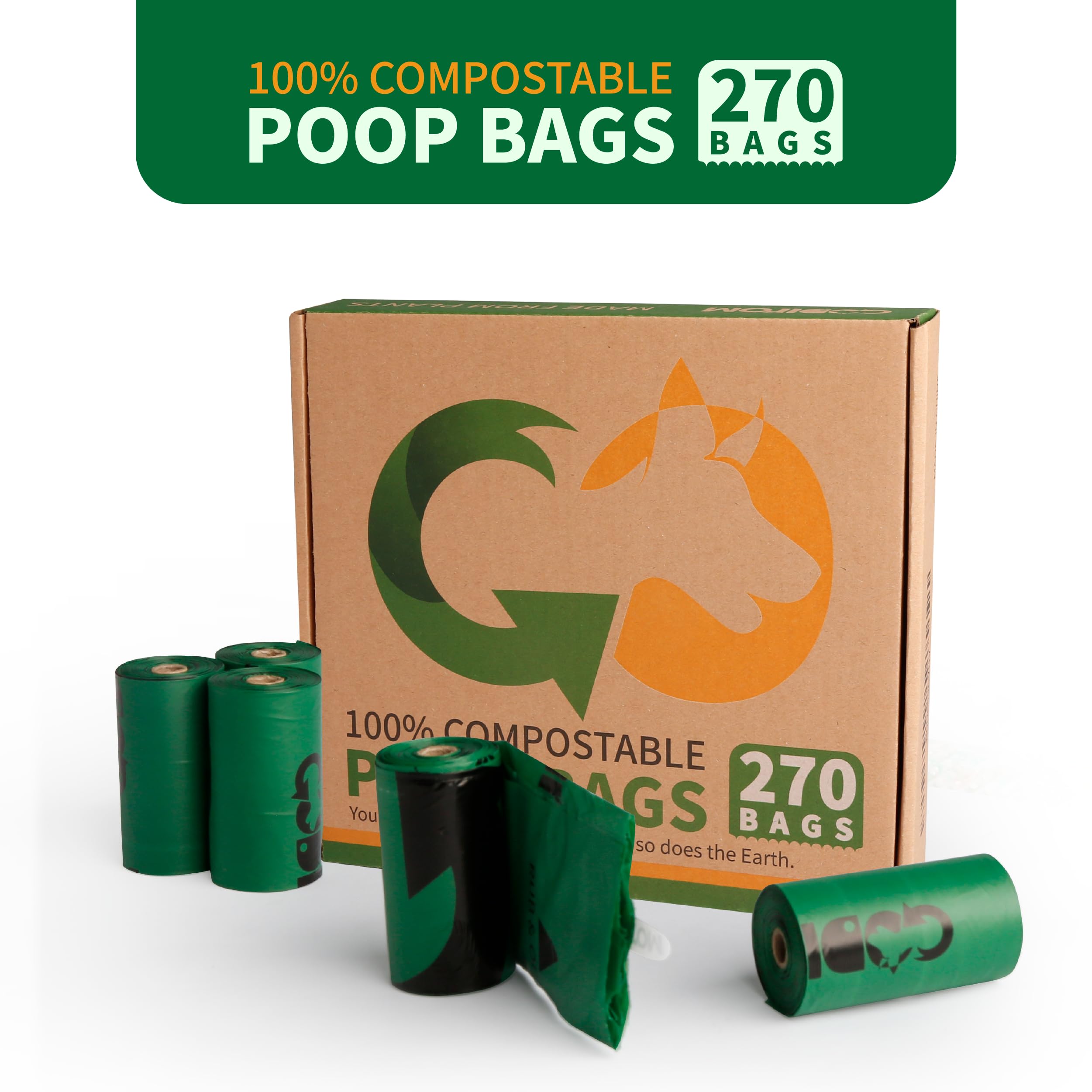 Certified 100% Compostable Dog Poop Bags - 270 Count Leak Proof Extra Thick (18 Microns) Eco-Friendly Waste Bags - 18 Rolls Plant-Based ASTM D6400 & EN13432 Certified - Perfect for Park Walks, Backyard Cleanup & Travel