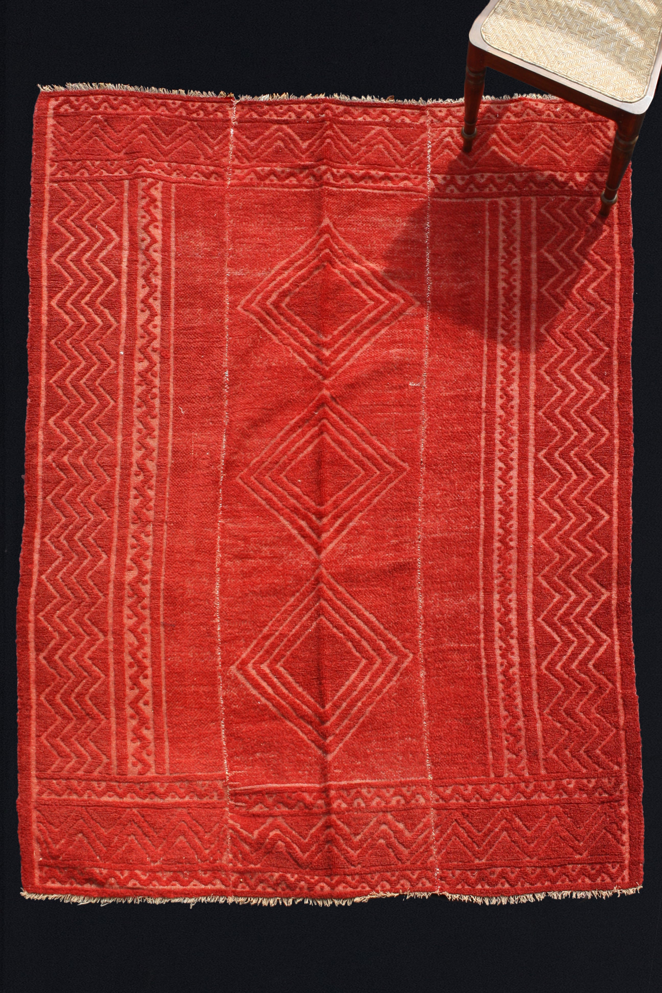 Thin Red Konya Rug with Zig Zag Designs and Diamond Center - 5'4