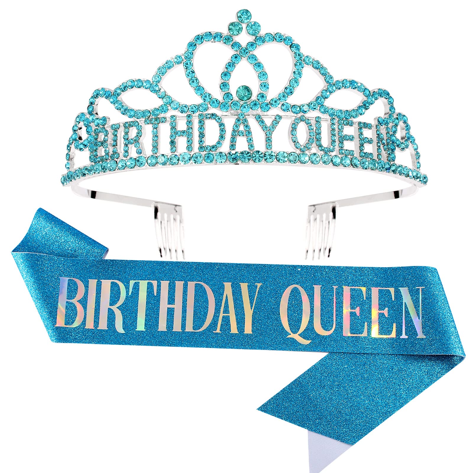 Blue Birthday Crown and Sash Set for Women - Elegant Queen Tiara & Sash for Birthday Party Decorations - Perfect for Birthday Celebrations, Bachelorette Parties & Special Events