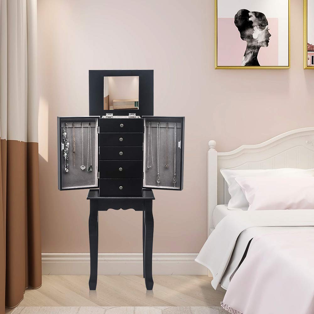 GT4-LY Standing Jewelry Armoire with Mirror - 5 Drawers & 6 Necklace Hooks, Jewelry Storage Cabinet with Top Organizer & 2 Swing Doors (Black) | Perfect for Bedroom, Dressing Room & Closet Organization