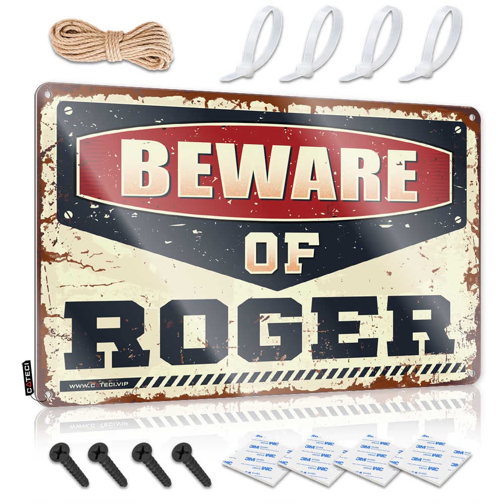 Vintage Beware of Roger Metal Sign - Rustic Bar & Man Cave Decor - 20x30cm Wall Art for Home, Garage, or Pub - Perfect Gift for Men