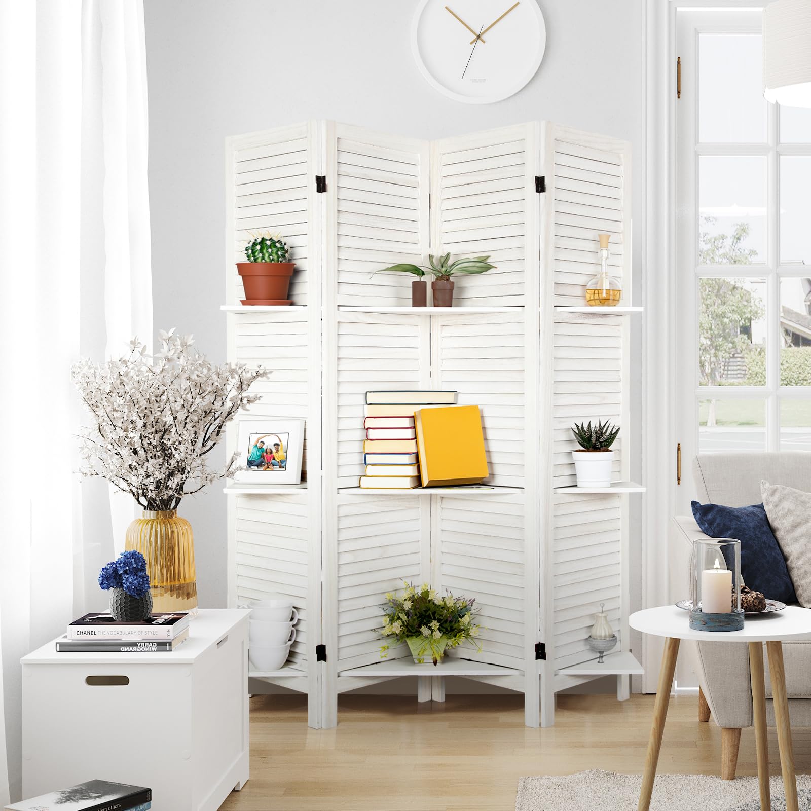 ECOMEX 5.6Ft Tall 4 Panel Wooden Room Divider with Shelves - Folding Privacy Screen for Bedroom, Home Office & Living Room - Double Hinged Room Separator in White - Perfect for Creating Private Spaces, Home Organization & Room Partition