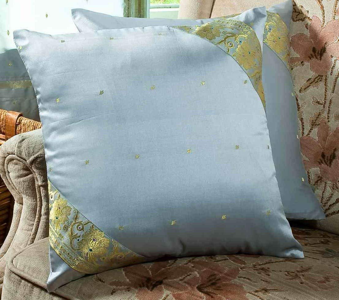 Elegant Gray Handmade Sari Pillow Covers Set of 2 - Boho Chic Indian Sari Throw Cushion Covers with Zipper Closure 20x20 Inches - Perfect for Living Room, Bedroom & Home Decor | Gift Idea for Housewarming & Boho Lovers