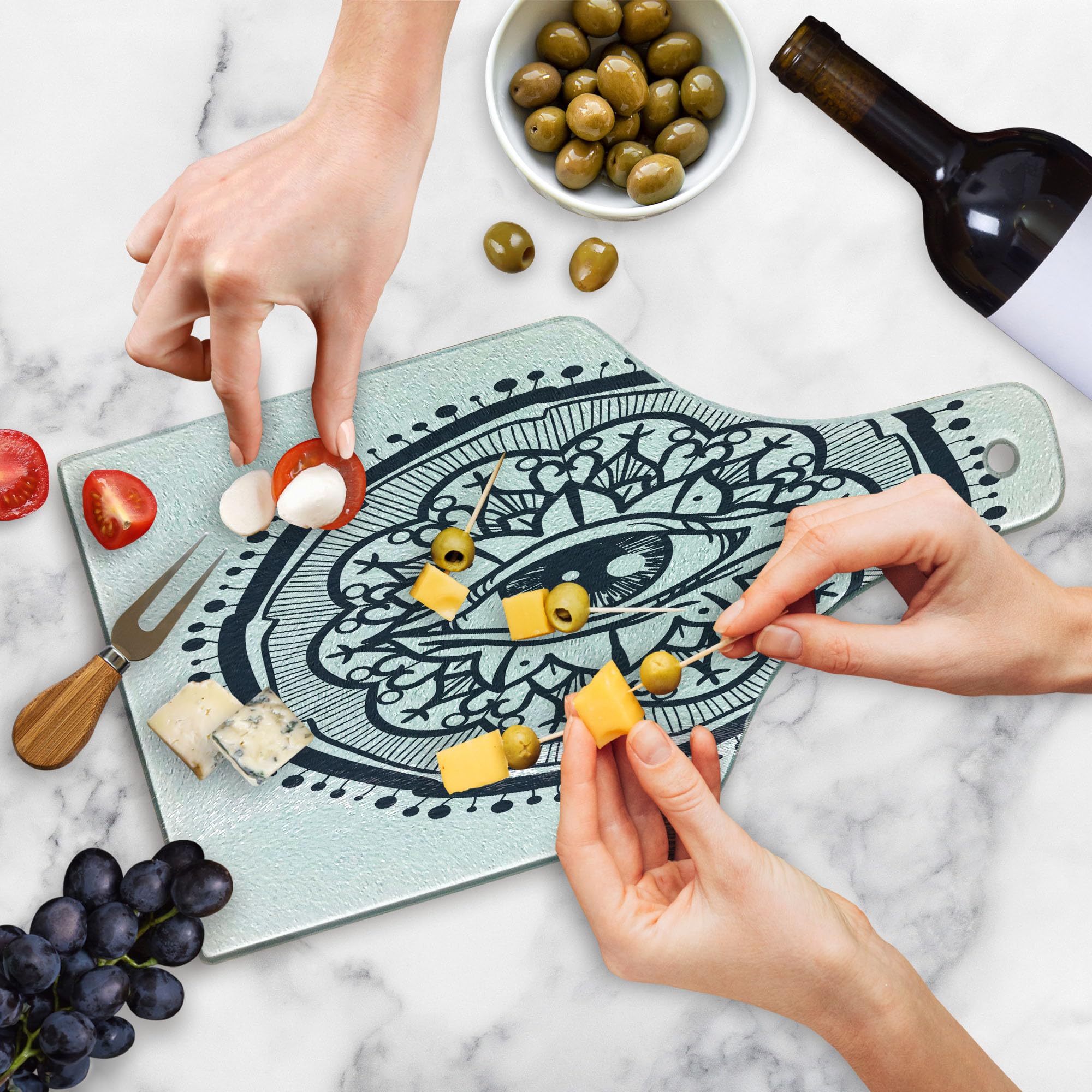 Ambesonne Boho Cutting Board - Realistic Retro Eye Pattern Round Eastern Mandala Design Tempered Glass Serving Board for Kitchen, Charcuterie & Wine (White & Blue) - Perfect for Entertaining, Cheese Platters & Home Decor