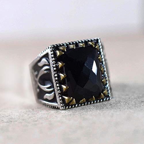 Black Onyx Ring for Men - 925 Sterling Silver Two Tone Black Enamel Checker Cut Gemstone Heavy Band - Perfect Father's Gift & Anniversary Present - Ideal for Weddings, Date Nights & Formal Occasions