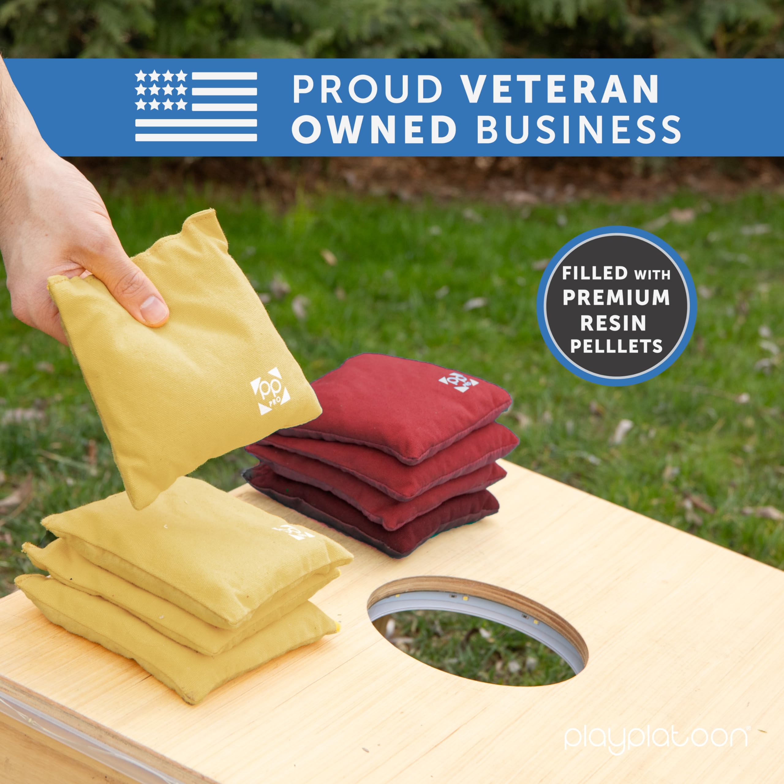 Play Platoon Professional Cornhole Bags - Set of 8 Regulation All-Weather Two-Sided Competition Bean Bags for Outdoor Lawn Games, Tailgating, and Backyard Parties